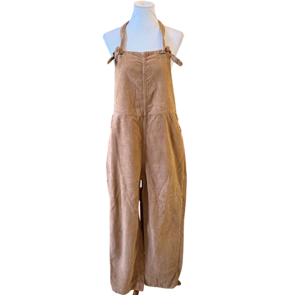 Faherty Corduroy Overalls Women Large Tan Wide Leg Halter Tie Jumpsuit Boho